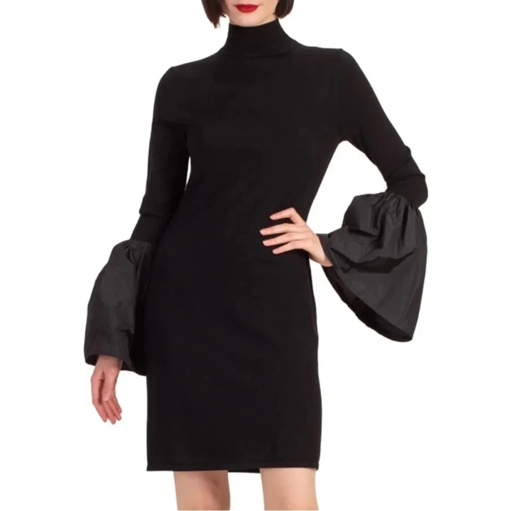 Trina Turk Black Wool Larissa Sweater Dress Mock Turtleneck Taffeta Bell Cuffs S - Picture 2 of 7